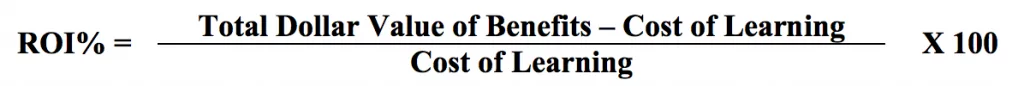 ROI% = (Total Dollar Value of Benefits – Cost of Learning)/Cost of Learning X 100
