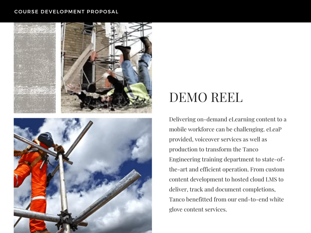 Delivering on-demand eLearning content to a mobile workforce can be challenging. eLeaP provided, voiceover services as well as production to transform the Tanco Engineering training department to state-of-the-art and efficient operation. From custom content development to hosted cloud LMS to deliver, track and document completions, Tanco benefitted from our end-to-end white glove content services.
