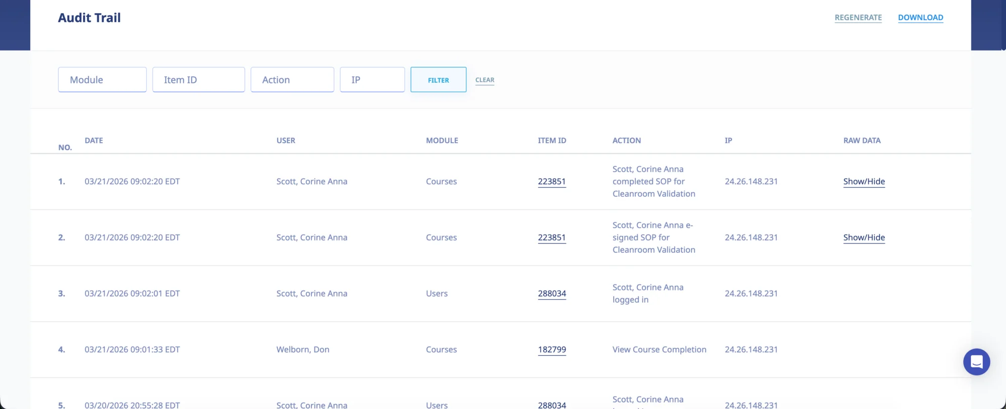 GMP LMS showing Audit Trail