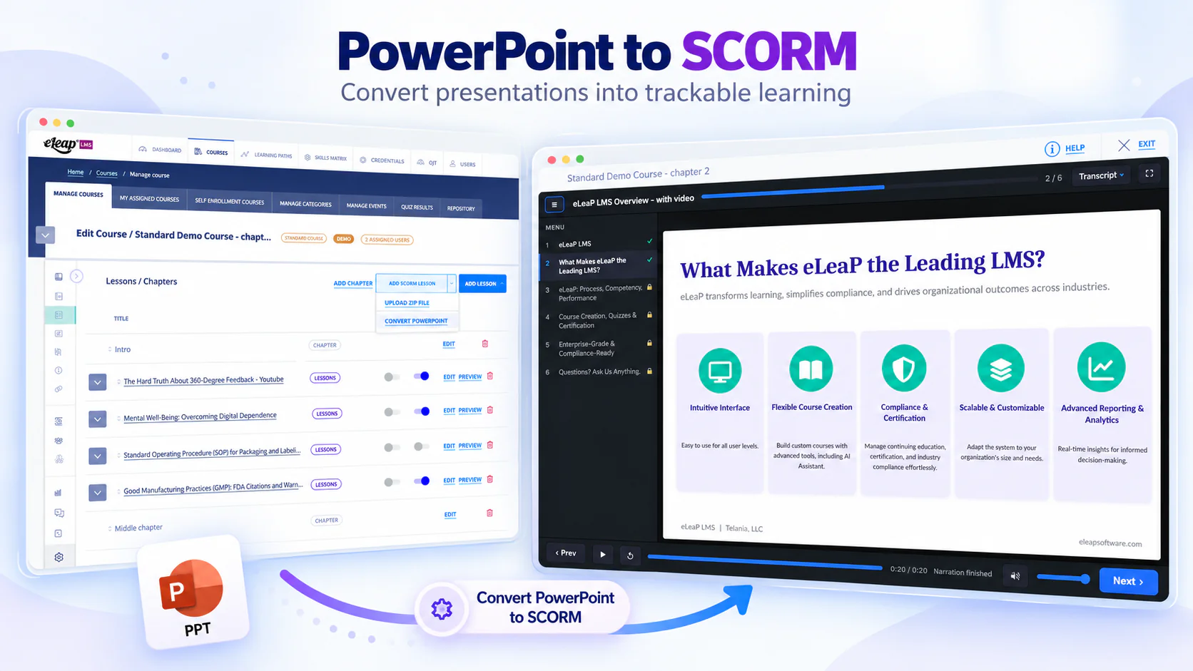 A PowerPoint presentation converted to a SCORM lesson in the eLeaP lesson player.