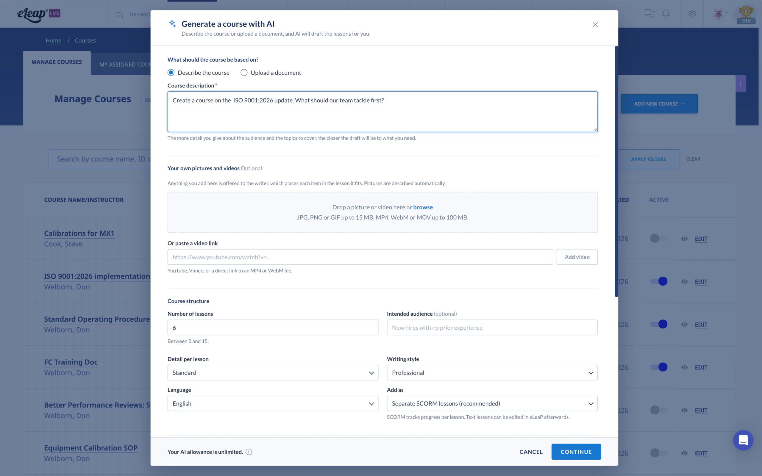 Generate with AI builds a complete course from a description or a document. See how it works